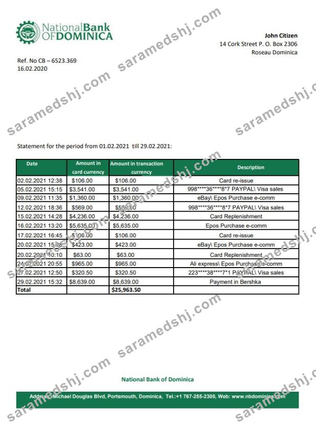 Dominica National Bank of Dominica bank statement easy to fill template in Excel and PDF format